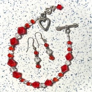 Faceted Red & White Crystal Bracelet & Drop Earrings with Sterling Silver Hooks
